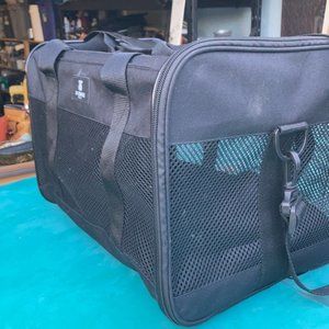 black nylon and mesh pet carrier with straps